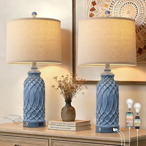 �T�t�@���B�� safavieh �e�[�u�������v �T�t�@�r�� �T�t�@���B�A Woven Resin Table Lamps Set of 2, Farmhouse Table Lamps with USB Ports, Touch Button Switch Beside Lamps, Resin Desk Lamp, Linen Shade, Nightstand Lamp for Living Room Be 