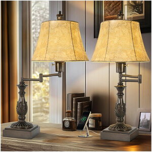 �T�t�@���B�� safavieh �e�[�u�������v �T�t�@�r�� �T�t�@���B�A 23.5 Rustic Traditional 350° Adjustable Swing Arm Table Lamp Set of 2 with USB A+C Ports Brown Finish Faux Leather Shade Vintage Nightstand lamp for Living Room Bedroom 