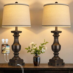 �T�t�@���B�� safavieh �e�[�u�������v �T�t�@�r�� �T�t�@���B�A 28'' Farmhouse Bedside Lamps Set of 2, Black Gold Table Lamps for Nightstand, Desk Lamps with Linen Shades, Table Lamps with USB A+C Port, Nightstand Lamps for Bedroom, R 