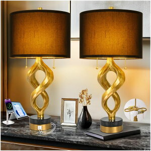 �T�t�@���B�� safavieh �e�[�u�������v �T�t�@�r�� �T�t�@���B�A Sculptural Table Lamp Set of 2 for Bedroom, 26�h Gold Leaf Farmhouse Bedside Lamps for Living Room, Pull Chains Switch Rustic Nightstand Lamp Marble Base with USB for Hom