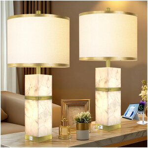 �T�t�@���B�� safavieh �e�[�u�������v �T�t�@�r�� �T�t�@���B�A Natural Alabaster Table Lamps Set of 2 - Table Lamp with Night Light for Bedroom,Nightstand Lamps with USB Ports,Bedside Lamps with Linen Fabric Shade for Living Room,Bed 