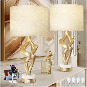 �T�t�@���B�� safavieh �e�[�u�������v �T�t�@�r�� �T�t�@���B�A Scenekoy Sculptural Table Lamp Set of 2 with USB Ports for Bedroom Living Room, 26�h Gold Leaf Marble Base Bedside Lamps, Pull Chains Switch Modern Nightstand Lamp for Ho