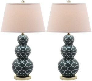 �T�t�@���B�� safavieh �e�[�u�������v �T�t�@�r�� �T�t�@���B�A SAFAVIEH Lighting Collection Moroccan Trellis Marine Blue Triple Gourd Ceramic 27-inch Bedroom Living Room Home Office Desk Nightstand Table Lamp Set of 2 (LED Bulbs Incl 