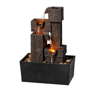 ��� ���� ��̃I�u�W�F �e�[�u���g�b�v�t�@�E���e�� �C���e���A���� Zeitklang 13 Inch Tabletop Water Fountain with LED Lights, Resin Wood Grain Tiered Design, Automatic Pump, Natural River Rocks for Home Office Zen Relaxation Dec
