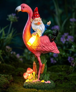 �K�[�f�����C�gLED�\�[���[���C�g �\�[���[�p���[ C&Y&G&X Middle Finger Gnome Riding Flamingo 13in, Funny Garden Statue Solar Powered Outdoor Yard Decor with LED Beer Bottle & Mushrooms, Waterproof Naughty Lawn Ornament Gag Gift for P �y