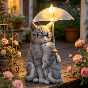 �K�[�f�����C�gLED�\�[���[���C�g �\�[���[�p���[ Solar Cat Statue Garden Decor, Mother and Baby Kitten with Umbrella LED Light, Loving Cat Figurines Yard Decorations Outdoor for Patio Balcony Porch Lawn Ornaments, Cat Gifts for Women �y
