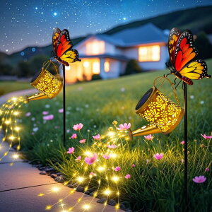 �K�[�f�����C�gLED�\�[���[���C�g �\�[���[�p���[ yeuago Solar Lights Outdoor Decorative, Watering Can with Cascading Lights on Butterfly Shepherd's Hook, Solar Garden Stake Decor for Yard Pathway,Gift for Women Mom (2pcs-Butterfly Ga �y