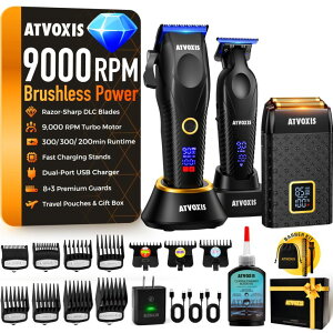 �y�b�g�o���J�� 9000 RPM Brushless Motor Professional Hair Clippers Set for Men: Cordless Clippers & Zero Gap Trimmers with DLC Blades LED Display Fast Charging Stands Travel Pouch Maquina Para Cortar Pelo De Hombre �y���s�A���i�z