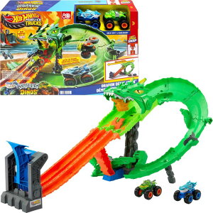 �z�b�g�E�B�[�� �����X�^�[�g���b�N Hot Wheels Toy Monster Trucks, Sharks vs. Dinos Dragon Destruction Playset with 1:64 Scale Great Bite & Rageasaur, Race to Defeat The Cyborg Nemesis �y���s�A���i�z