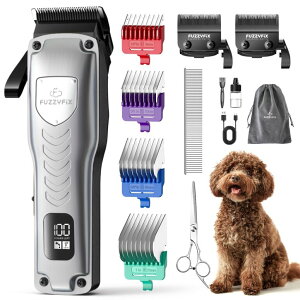 �y�b�g�o���J�� Professional Dog Clippers for Grooming Thick Coats, Upgraded Metal Guide Comb Low Noise Cordless Dog Grooming Kit, Dogs Hair Clippers with 2 Detachable Stainless Steel Blade for Curly/Wavy/Matted Fur �y���s�A���i�z