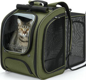 �C���R ���� �o�[�h �g���x���L�����A�[ Pecute Expandable Cat Backpack Carrier, Large Space Cat Bubble Backpack, Breathable Cat Carrier, Shaded Dog Backpack Carrier for Travel, Hiking, Vet,12.6 L x 10.2 W x 16.5 H,Green �y���s�A���i�z