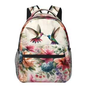 �C���R ���� �o�[�h �g���x���L�����A�[ TRYYN Floral Hummingbird Casual Backpack, Lightweight Laptop Bag Daypack, Colorful Bird Flower Backpacks for Women Men Teens Students, Vintage Polyester Bookbag Gifts for School Work Travel Hik �y��