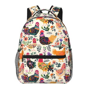 �C���R ���� �o�[�h �g���x���L�����A�[ TRYYN Chicken Floral Casual Backpack, Lightweight Laptop Bag Daypack, Flower and Farm Rooster Backpacks for Women Girls Teens Students, Colorful Polyester Bookbag Gifts for School Work Travel H �y��
