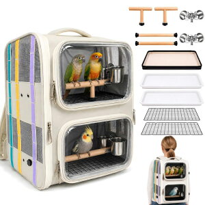 �C���R ���� �o�[�h �g���x���L�����A�[ Dual-Level Bird Backpack, Portable Parrot Travel Cage with Removable Divider for 2-4 Small to Medium Birds or 1 Larger Bird,Parrot Bag Carrier with Perch Rods, Feeding Bowls and Trays (Beige) �y���s