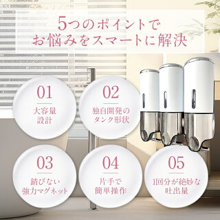 ５つのポイントでお悩みをスマートに解決
1、大容量設計
2、独自開発のタンク形状
3、さびない強力マグネット
4、片手で簡単操作
5，１回分が絶妙な吐出量