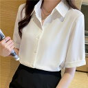 シャツ レディース 半袖 夏 ブラウス おしゃれ 襟付き 半袖シャツ チュニック 体型カバー トップス 春 秋 半袖ブラウス レディース カジュアル シャツ 通勤 大人可愛い 大きいサイズ ゆったり 前開き OL ブルー 白/ホワイト S M L XL 2XL