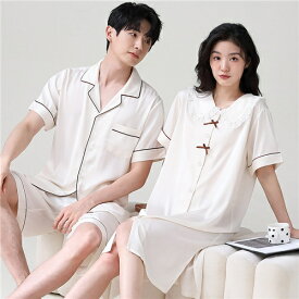 ペア パジャマ 合成シルク 半袖 男女2着 セット 夏 レディース ワンピース 高級 サテン メンズ パジャマ 結婚祝い プレゼント ペアパジャマ 春夏 シルクの質感 パジャマ カップル ペア ルームウェア おすすめ セクシー おしゃれ 人気 部屋着 前開き リボン シンプル