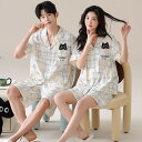 ペア パジャマ 半袖 夏 男女2着 セット 春 猫 柔らかい 着心地良い 綿 セットアップ 前開き カップル ルームウェア 半…