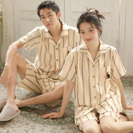 ペア パジャマ 半袖 夏 綿100% 男女2着 セット ストライプ ポケット ゆったり カジュアル セットアップ カップル シンプル 高級 ルームウェア 春夏 ペアパジャマ 結婚祝い プレゼント お祝い おもしろ 夫婦 ギフト 上下セット レディース 部屋着 メンズ