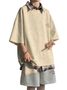 ジャージ 上下 メンズ 夏 半袖 カジュアル チェック 2点セット 重ね着レイヤード シャツ衿 大きいサイズ メンズ ブランド おしゃれ セットアップ 誕生日 ギフト 男性用 スウェットtシャツ ス