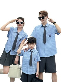 親子 ペアルック シャツ 夏 ペア 女子 ストライプ 半袖 シャツ パンツ（スカート付き) 韓国 2点セット 夏服 親子コーデ 赤ちゃん 親子ペアルック ペアシャツ コーデ 家族 お揃い ブランド 大人 子供 3人 プレゼント 男の子 可愛い 女の子 キッズ 運動会 家族写真