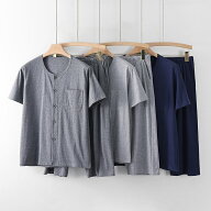 パジャマ メンズ 半袖 無地 柔らかい シンプル 綿 白 uネック ゆったり 前開き ルームウェア ブランド セ…