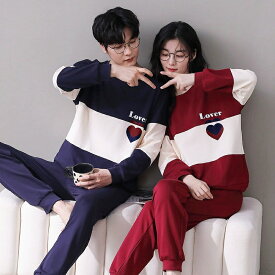 ペア パジャマ 長袖 男女2着 セット 綿100％ ハート 大きいサイズ セットアップ カップル 抗菌 春 秋 ルームウェア クルーネック 冬 コットン ペアパジャマ 結婚祝い プレゼント お祝い おもしろ 春秋 夫婦 ギフト 上下セット レディース 部屋着 メンズ