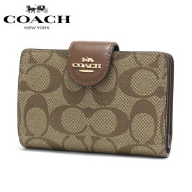 【GWセール開催中】コーチ 二つ折り財布 レディース COACH Wallet ラグジュアリー シグネチャー PVC レザー ミディアム コーナー ジップ ウォレット カーキ サドル2 C0082 IME74 【送料無料♪】