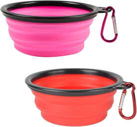 ペットボウル 折りたたみ式 カラビナ 携帯 持ち運び コンパクト 水飲み皿 2個セット ピンク/レッド (ピンク/レッド)