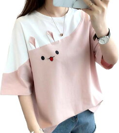 Tシャツ うさぎ 半袖 丸首 可愛い カットソー シンプル おしゃれ レディース ストレッチ 夏 スリム トップス 薄手 涼感 柔らかい 肌触り TSHT057 (ピンク, M)