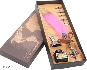 羽ペン クイルペン 万年筆 ペン立て アンティーク インクボトル セット ブラック ホワイト ピンク