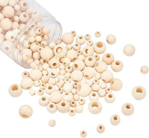 ウッドビーズ 大穴木製ビーズ 320個 5サイズ ラウンドビーズ クラフトビーズ ブレスレットネックレス マクラメクラフト作り用
