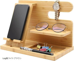 スマホスタンド 卓上 木製 デスクオーガナイザー おしゃれ 携帯 ガジェット 小物 置き 収納 Log風ライトブラウン