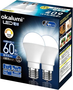 LED�d�� ������Ή� E17���� 60W�`���� �����F 750lm �����Ή� �L�z�� ���`�d���^�C�v �~�j�N���v�g���d�� 60�` 2���� (�����F 6000k, 60W�`)