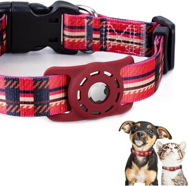 犬用エアタグ首輪 猫 ペット首輪 迷子 追跡 ペット用品 AirTagケース (チェックレッド, S)