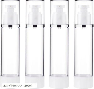 4点100ml 真空ボトル エアレスポンプボトル ポンプタイプ プッシュボトル 小分けボトル プラスチック容器 旅行用ボトル 詰め替えボトル ホワイト&クリア ホワイト&クリア 100ml