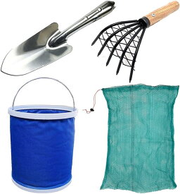 潮干狩り 4点セット 熊手 スコップ バケツ ネット 貝掘り 貝拾い レジャー 砂遊び 園芸