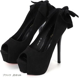 オープントゥ ヒール レディース パンプス ハイヒール キャバヒール ピンヒール 厚底 14cm リボン 美脚 お洒落 可愛い 25.0 cm 24.0 cm 24.5 cm 23.5 ブラック 23.0 cm