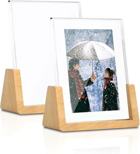 フォトフレーム 写真立て 2個セット 透明アクリル 木製スタンド 縦置き プレゼント 高級 卓上 おしゃれ 127x178mm