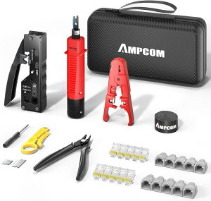 LANケーブル自作工具キット 9点工具セット 貫通型 圧着ペンチ プチダウン工具 外皮むき工具 CAT6 貫通式RJ45コネクタ+保護カバー 収納ケース付き