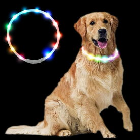 最新型 犬用光る首輪 散歩 ライト usb充電式 装着簡単 柔らかい 軽量 サイズ調整可能 ペット 猫 LED光る首輪 安全対策 視認性 3つの発光モード (七彩, 1個 (x 1))