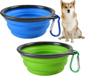 折り畳み式 ペットボウル 350ml 2個セット 折りたたみ 皿 食器 コンパクト 携帯 ドッグラン 犬 猫 シリコン (ブルー＆グリーン)