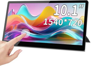 10.1�C���` �^�b�`�X�N���[�� IPS 1540x720 �����~�j���j�^�[ USB-C HDMI �|�[�^�u�� �Z�J���_���[�f�B�X�v���C �X�^���h���X�s�[�J�[�t�� �X�g���b�`�h�o�[�X�N���[�� Mini PC (�u���b�N, 10.1�C���`)