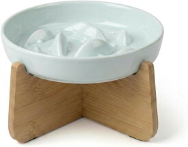 自然とゆっくり食べる習慣に 猫 犬 早食い防止 皿 食器 フードボウル セラミック 竹材 小型犬 中型犬 (スモーキーブルー)