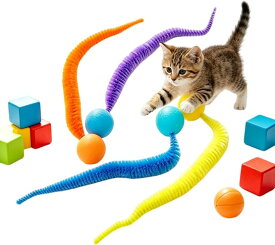 猫 おもちゃ ボール 4 個セット 夜光 静音 毛虫型 猫じゃらし 弾力ボール しっぽ付き カラフル 猫用玩具 室内遊び 運動不足解消 (パープル ブルー イエロー オレンジ 4 色入り, 直径 3cm ボール 20cm 長しっぽ付き)