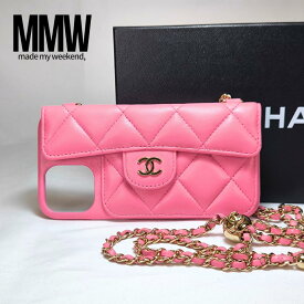 【ショップOPEN記念★ポイント10倍】新品同様 SAランク CHANEL シャネル iPhoneケース 14 15 16e 着用確認済 マトラッセ ラムスキン チェーンショルダー カード入れ付き ピンク 箱 保存袋 デジタル鑑定書付