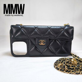 【ショップOPEN記念★ポイント10倍】CHANEL シャネル iPhoneケース マトラッセ キャビアスキン チェーンショルダー ブラック 12ProMax 13ProMax 14Plus 15Plus 16Plus対応 カード入れ付 ABランク 美品 デジタル鑑定書