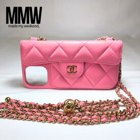 【ショップOPEN記念★ポイント10倍】CHANEL シャネル iPhoneケース 14 15 16e対応 マトラッセ ラムスキン チェーンショルダー ピンク カード入れ付き Aランク 超美品 スマホショルダー ブランド小物 デジタル鑑定書付き