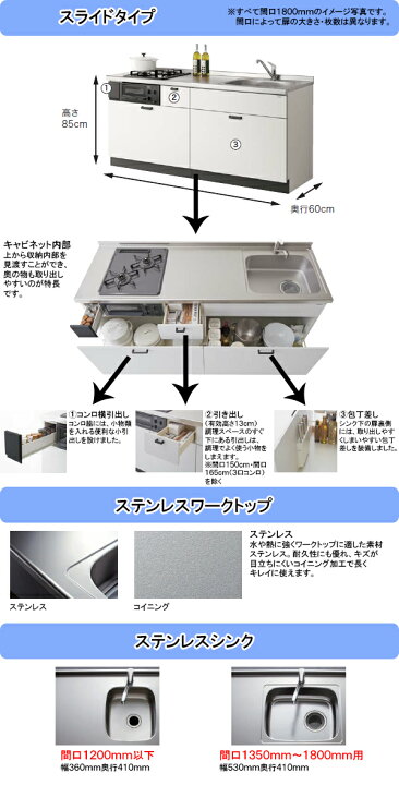 楽天市場 クリナップ コンパクトキッチン コルティ 間口1800mm 壁付け I型 スライドタイプ 引き出し収納 扉カラー Sシリーズ 全8色 シロッコファン Tssプロネット住宅資材楽天市場店