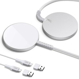 【2023改良型】ESR HaloLock ミニワイヤレス充電器 MagSafe充電器 マグネット式 iPhone16/15/14/13/12 AirPods 4/3/AirPods Proシリーズ対応 急速充電 強力磁気吸着 強化編組ナイロンケーブル 2個入り シルバー